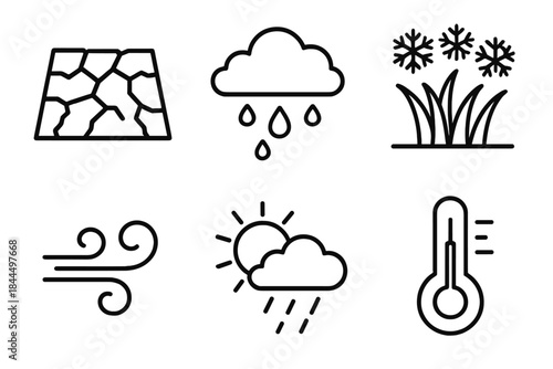 Seasonal Climate Icons. Seasonal variability linear set: drought crack, monsoon cloud, frost layer, mild breeze, warm shower, shifting thermometer.