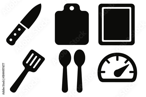 Brutalist Kitchen Icons. Kitchen Preparation Set silhouette set: paring knife, chopping board, prep tray, spatula, spoon set, efficiency meter.