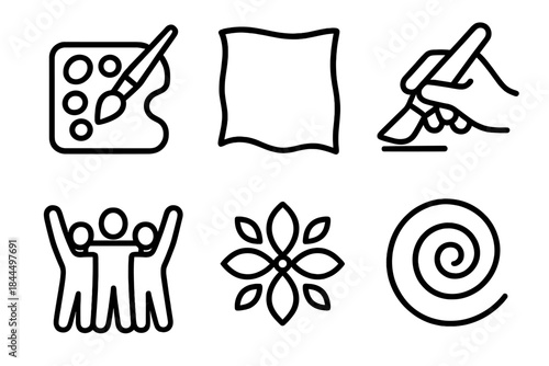 Creative Team Icons. Team Craft Activities linear set: communal paint tray, fabric piece, sculpting tool, group gesture, design motif, creative swirl.