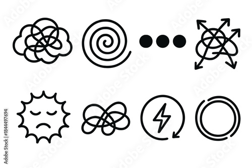 Mental Overthinking Icons. Overthinking Loop linear set: cluttered thought cloud, spiraling line, repeated worry dot, tangled arrows, tense bubble, mind knot, looping spark,