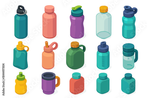 Colorful Hydration Bottles. Hydration Bottles flat isometric set: metal vacuum bottle, double-wall flask, BPA-free sport bottle, clear glass bottle, foldable travel pouch,