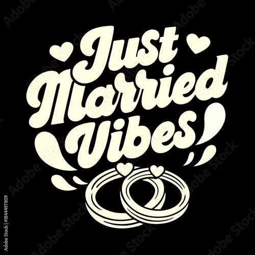 Creamy yellow just married text with hearts and rings