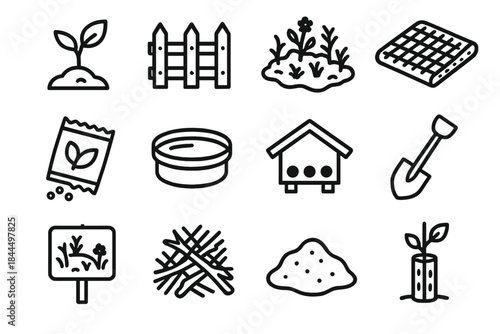 Habitat Restoration Icons. Habitat Restoration linear set: seedling sprout, habitat fence, rewilding patch, erosion-control mat, native seed packet, water trough, wildlife shelter