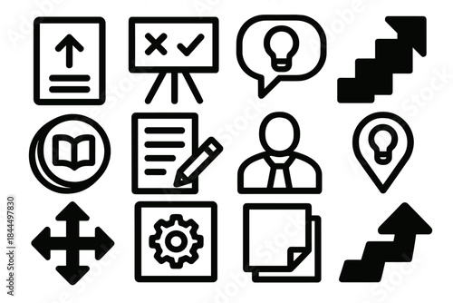 Brutalist Coaching Icons. Coaching & Training Elements silhouette set: guidance card, training board, helpful tip bubble, step arrow, learning token, practice page, mentor symbol,