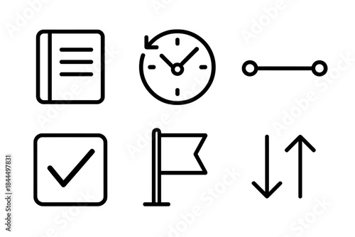 Time Management Icons. Time management set linear set: planner book, rotating clock, timeline bar, priority flag, checkmark box, sorting arrows.