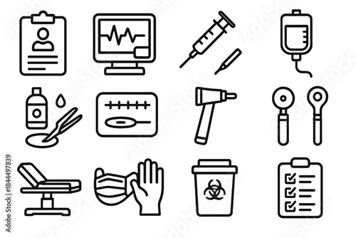 Clinical Training Tools. Clinical Skill Development linear set: patient chart, vitals monitor icon, syringe (training), saline bag, wound cleaning tools, practice suture kit,