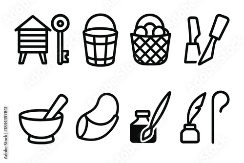 Ancestral Community Icons. Ancestral Community Functions linear set: granary keeper key, well attendant bucket, gatherer basket, artisan chisel, healer’s mortar, messenger horn,