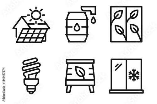 Sustainable Home Icons. Sustainable Home Add-Ons linear set: solar roof tile, rain barrel, green wall panel, energy-saving bulb, compost bin, insulated window.