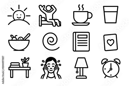 Morning Wellness Icons. Morning Wellness Habits linear set: gentle wake-up sun, stretch pose, warm beverage cup, hydration glass, light breakfast bowl, mindful breath swirl,