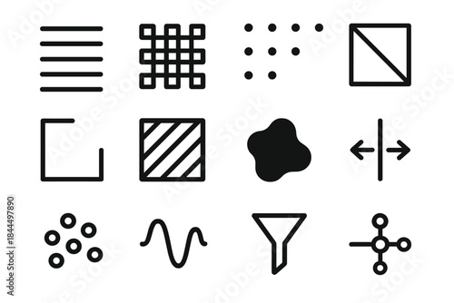 Pattern Detection Icons. Pattern Detection Icons linear set: stripe motif, grid matrix, spotted field, boundary line, corner cue, texture square, silhouette shape, symmetry guide,