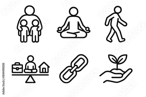 Icons of Balanced Living. Human Lifestyle Elements linear set: family moment symbol, wellbeing habit, casual outing figure, work–life balance bar, social link, personal growth