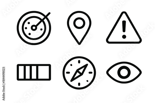 Black Line Icons. Situational awareness kit linear set: radar sweep, location marker, alert triangle, scanning bar, orientation compass, visibility icon.
