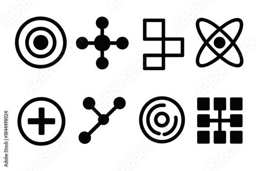 Quantum Icon Grid. Quantum-level pattern sets silhouette set: electron shell tile, nucleus node, lattice segment bar, orbital loop, charge marker, structure bead, pattern trace,