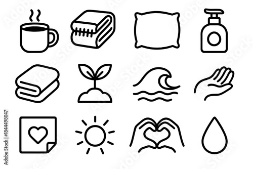 Cozy Wellness Icons. Daily Care linear set: warm mug, cozy blanket, soft pillow, gentle lotion bottle, tidy towel, plant sprout, calm wave, caring hand, wellness note, comfort glow