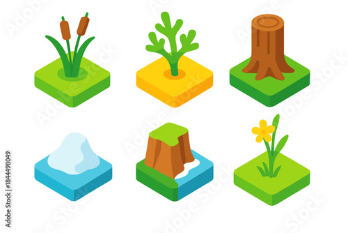 Wild Habitat Icons. Wild Habitat Spectrum isometric flat set: bog plant, desert shrub, forest trunk, alpine snow patch, coastal cliff, meadow stem.
