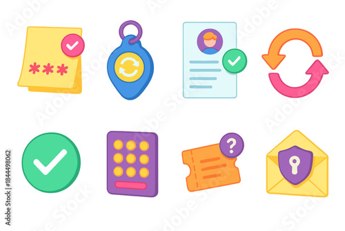 Isometric Security Icons. Recovery assistance set isometric flat set: credential reminder note, backup token fob, identity confirmation sheet, restore arrows, verification mark,