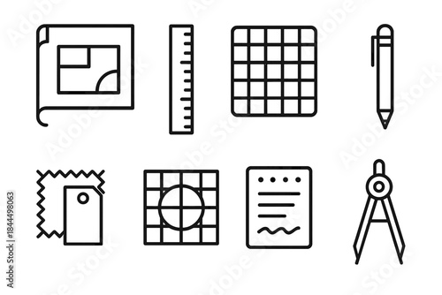 Design Tools Blueprint. Design study tools set linear set: blueprint page, scale ruler, cutting mat, design pencil, material swatch, layout grid, study notes, proportion compass.