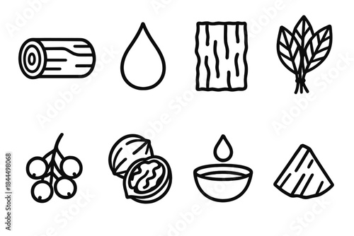 Tree Resources Icons. Natural resources from trees set linear set: timber log, resin drop, bark fiber, leaf bundle, fruit cluster, nut shell, sap cup, wood chip.