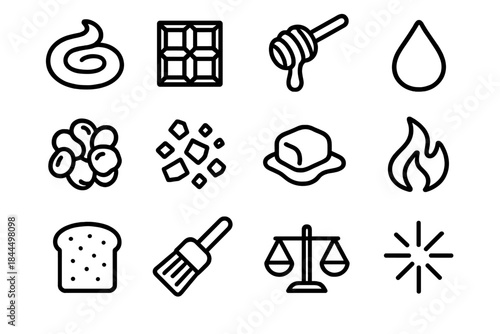 Gourmet Flavor Icons. Sweet & Savory Exploration linear set: caramel swirl, dark chocolate tile, honey drizzle, fruit reduction drop, roasted nut cluster, cured salt flakes,