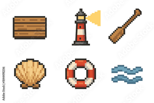 Waterfront Icons Set. Waterfront Activity Elements pixel style set: boardwalk plank, lighthouse beam, rowboat oar, seashell find, life ring, calm current.