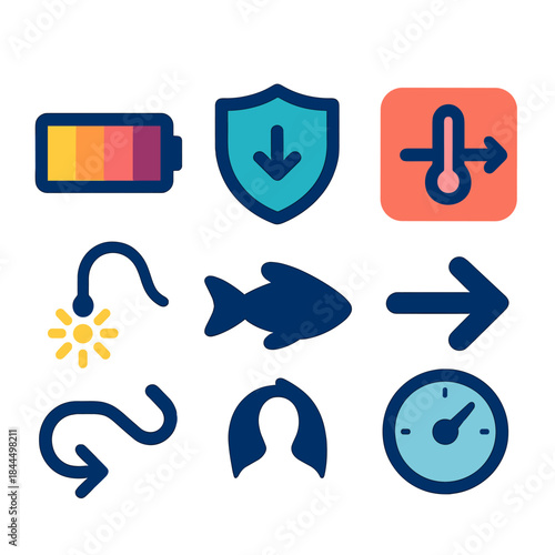 Deep Ocean Icons. Deep-Ocean Adaptation Framework flat set: low-energy mode bar, pressure-shield icon, thermal adaptation tile, chemical-navigation arrow, biolight lure spark,