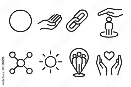 Community Connection Icons. Community Bonds linear set: shared circle, open hand, unity link, supportive arc, connected nodes, warm glow orb, group marker, caring thread.