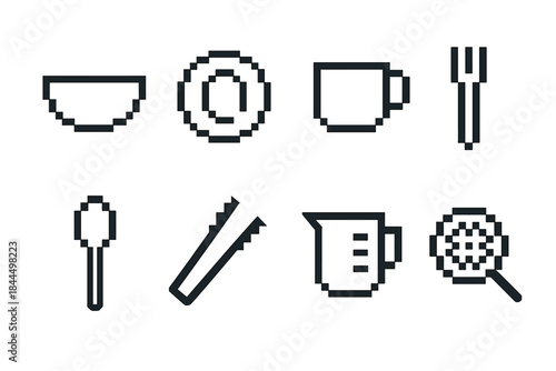 Pixel Art Kitchen Icons. Minimalist kitchen utilities pixel style set: bowl, plate, cup, fork, spoon, tongs, measuring cup, sieve.