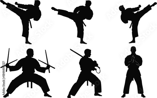 Martial arts fighter silhouettes set, karate taekwondo poses, combat training stances, black vector icons isolated on white background illustration collection