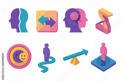 Isometric Split Identity Icons. Divided Self Set flat isometric set: split-identity silhouette, opposing-thought tile, inner strain node, tension fold bar, contrasting emotion ring