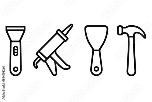 Home Repair Tools. Home Fix-It Set linear set: utility scraper, caulk tube, trim hammer.