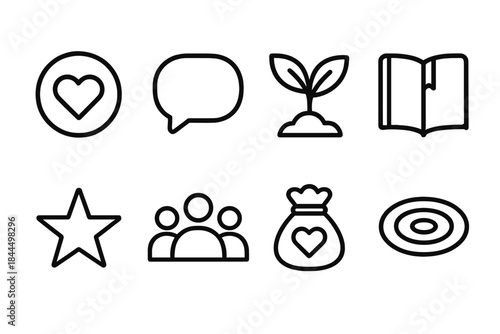 Community Care Symbols. Community Care Grid linear set: support token, calm message bubble, wellness sprout, shared notebook, guiding star, unity arc, resource pouch, gentle ripple
