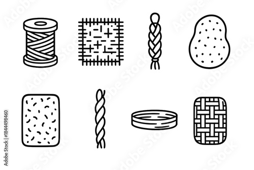 Eco Craft Icon Set. Eco Fiber Craft Set linear set: twine spool, burlap patch, braided strap, felted wool piece, cork sheet, palm fiber twist, rattan strip, woven band.