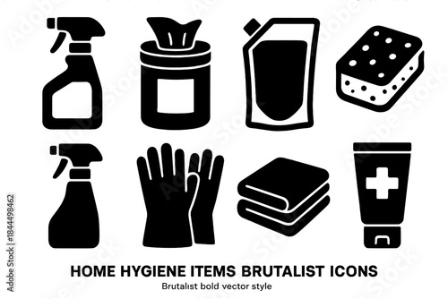 Brutalist Hygiene Icons. Home Hygiene Items silhouette set: surface disinfectant bottle, cleaning wipes canister, handwash refill pouch, scrub sponge, odor-neutralizing spray,