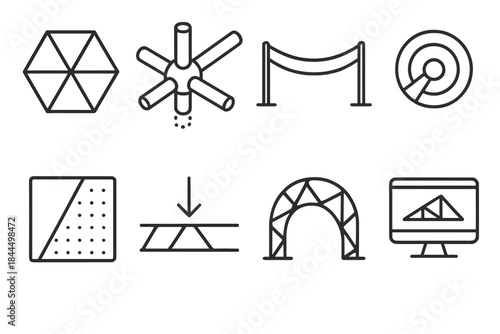 Innovative Structural Icons. Structural Innovation Set linear set: smart truss tile, adjustable column node, flexible beam bar, kinetic joint ring, material-adaptive panel,