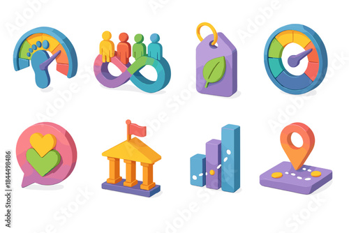 Colorful ESG Icon Set. ESG Commitment Set flat isometric set: carbon footprint gauge, diversity & inclusion symbol, ethical sourcing tag, risk management dial, social impact bubble