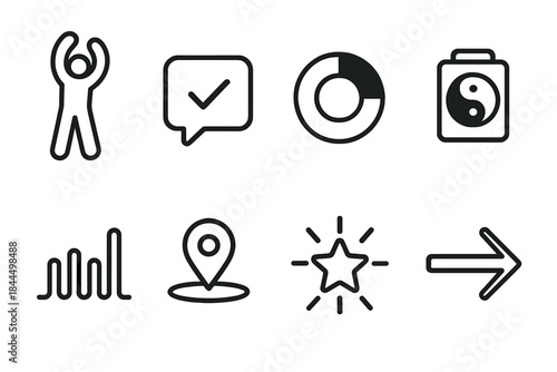 Daily Routine Icons. Positive Routine Elements linear set: morning stretch figure, task clarity bubble, progress ring, balanced energy icon, daily rhythm pulses, achievement marker