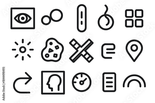 Sensory Recognition Icons. Integrated Sensory Recognition linear set: visual input tile, auditory cue node, haptic bar, olfactory ring, motion detection dot, pattern integration