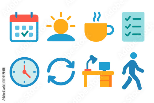 Minimalist Daily Icons. Routine Icons Set flat set: calendar check, morning sun, cup of tea, task list, clock face, simple arrow loop, tidy desk, steady steps.