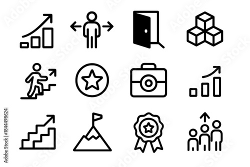 Ambition Icons Collection. Career Ambition Icons linear set: promotion arrow, leadership path, opportunity door, capability blocks, advancement chart, recognition star, focused