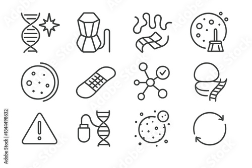 Cellular Repair Icons. Cell Maintenance & Repair linear set: DNA repair spark, chaperone protein shape, folded protein icon, cleaning lysosome, autophagy bubble, membrane patch,