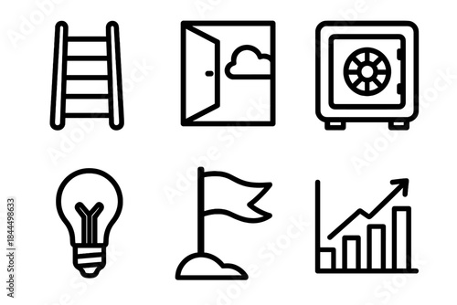 Wealth Icons Collection. Wealth-building tools linear set: ladder icon, opportunity window, savings vault, insight bulb, goal flag, metric bar.