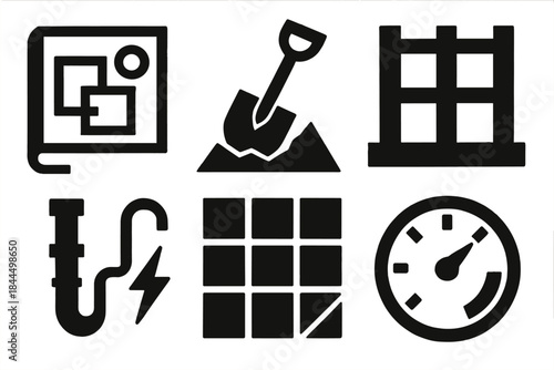 Construction Icons Series. Project Build Phases silhouette set: concept plan sheet, excavation symbol, load-bearing frame, wiring/plumbing icon, wall finish tile, stage gauge.