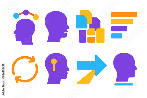 Vibrant Mind Icons. Internal Load Awareness Modes flat set: multitask tension arc, cognitive overflow icon, responsibility cluster tile, mental-fatigue bar, pressure loop ring,