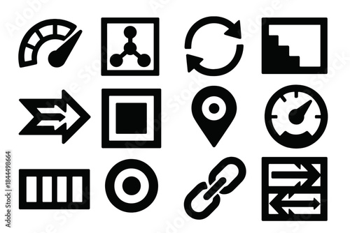 Resilience Icons Set. Critical Process Resilience silhouette set: stability gauge bar, fault-tolerance node, redundancy loop ring, risk buffer tile, contingency path arrow, process