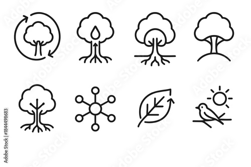 Tree Functions Icons. Ecological tree functions linear set: carbon cycle arrow, water transport path, root stabilization icon, canopy shelter, biodiversity node, nutrient return