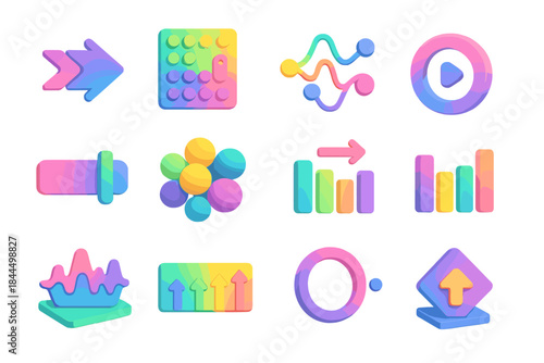 Audio Behavior Icons. Audio Behavior Mapping flat isometric set: listener flow arrow, engagement density tile, sentiment pulse node, pause-resume arc, affinity gauge bar, activity