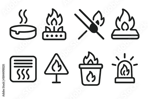 Eco-Friendly Fire Safety Icons. Environmentally Safe Fire Measures linear set: natural ash tray, low-emission burner, spark-free match, heat-proof pad, air-friendly vent cover,