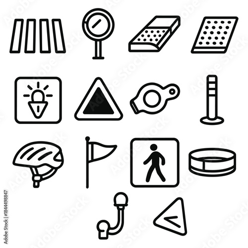 Street Safety Icons. Street Safety Essentials linear set: zebra crossing, road mirror, curb ramp, tactile paving, blinking signal, slow-down marker, safety whistle, lane divider