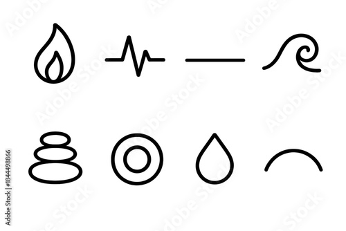 Serene Icon Collection. Mind Calm Aids linear set: quiet flame, slow pulse mark, smooth horizon line, soft wave curl, balanced stone, focus ring, serene droplet, gentle arc.