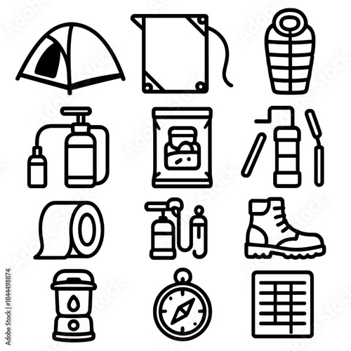 Survival Gear Icons. Long-Term Outdoor Preparedness linear set: durable tent, weatherproof tarp, insulated sleeping bag, multi-fuel stove, water filter pump, food ration pack, fire